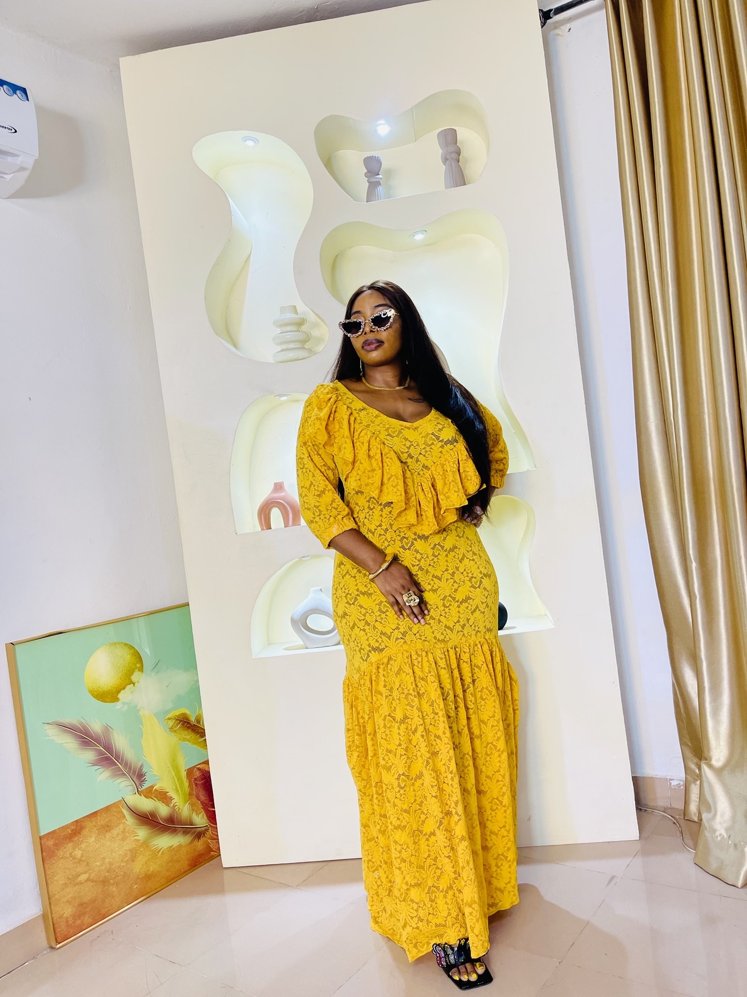 Gold Yellow Lace Midi Dress - Image 2