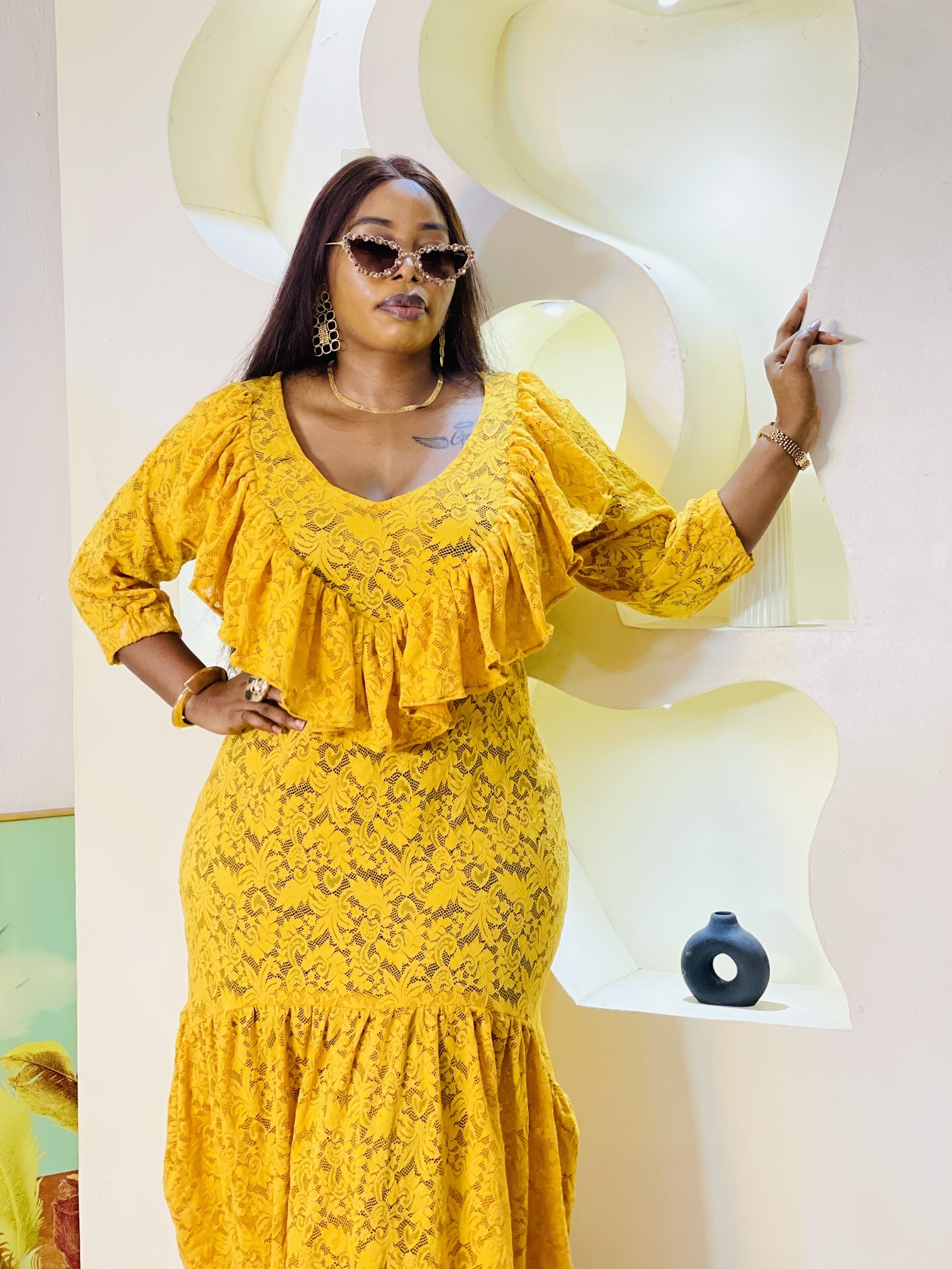 Gold Yellow Lace Midi Dress
